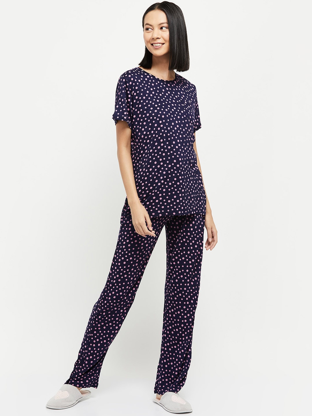 

max Women Navy Blue & Pink Printed Cotton Night suit