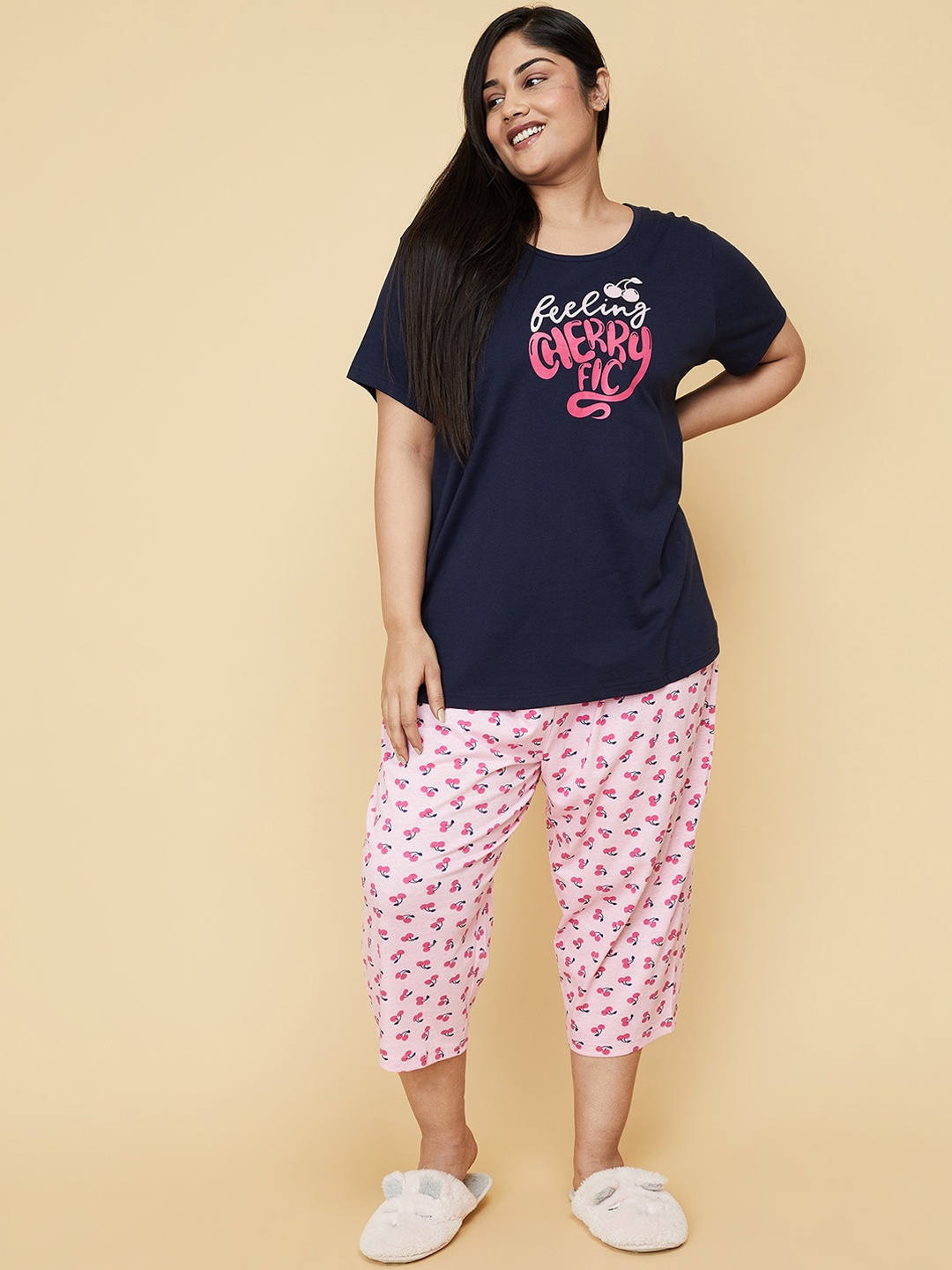 

max Women Plus Size Navy Blue & Pink Printed Pure Cotton Night suit