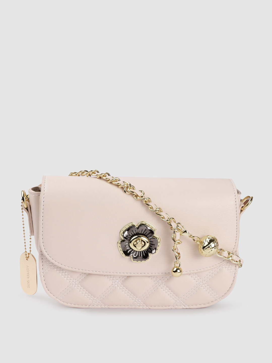 

Sugarush Pink Quilted PU Structured Sling Bag with Applique