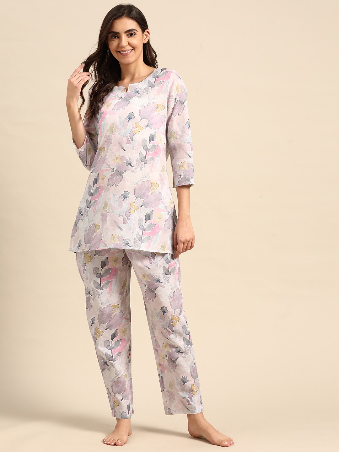 

Prakrti Women Grey & Pink Floral Print Pure Cotton Pyjama Set