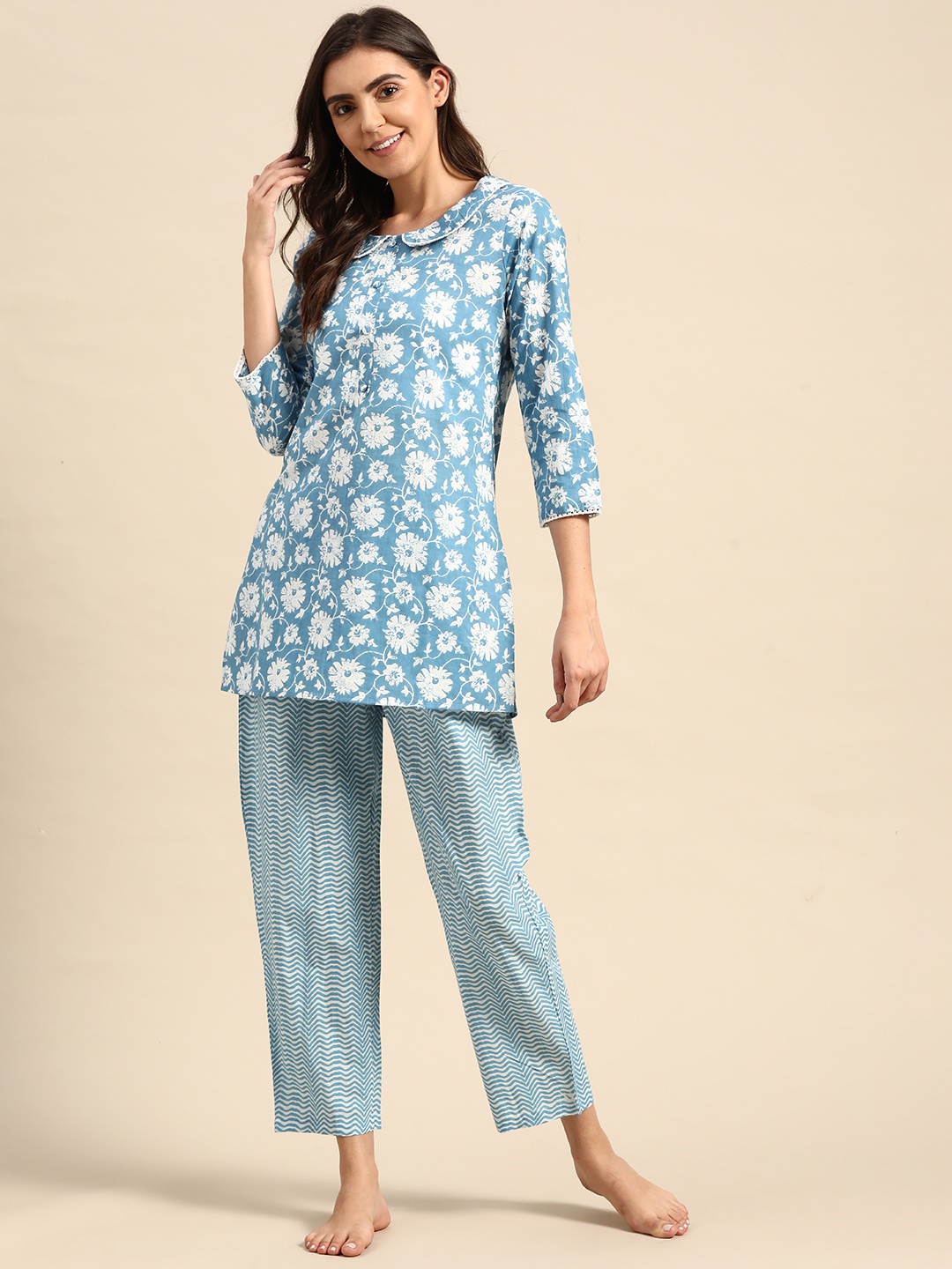 

Prakrti Women Blue & White Printed Cotton Night suit