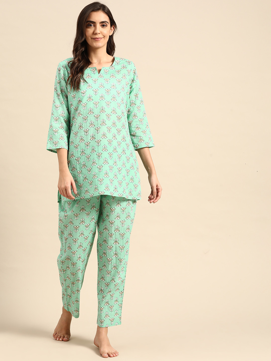 

Prakrti Women Sea Green Printed Cotton Night suit