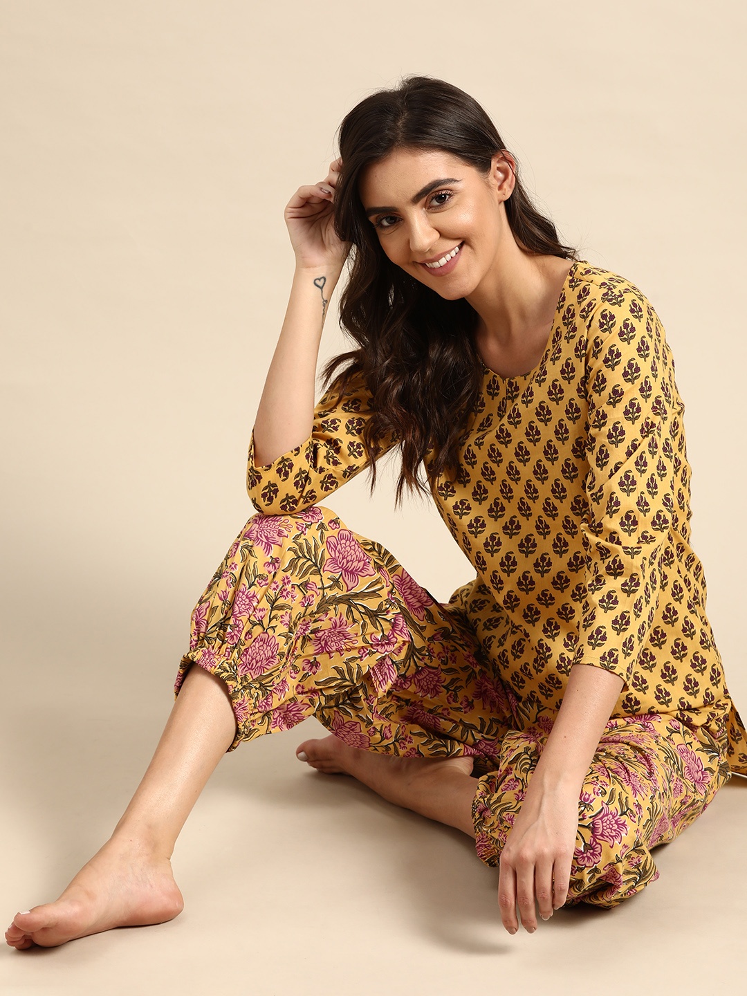

Prakrti Women Mustard & Purple Floral Print Pure Cotton Pyjama Set