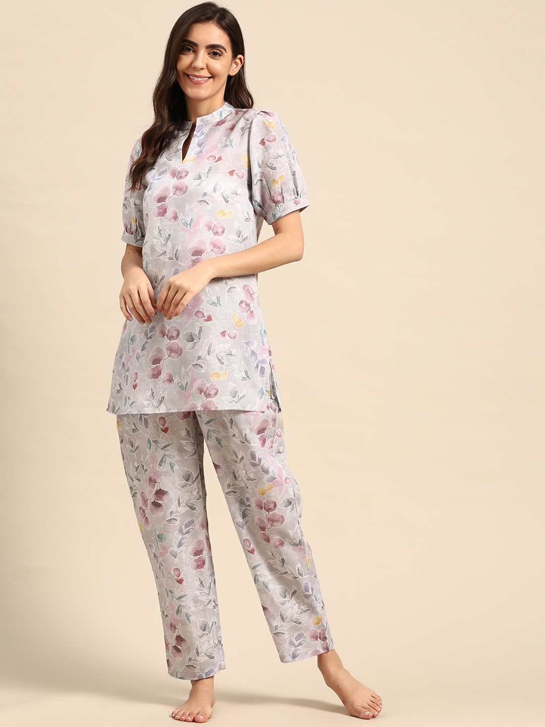 

Prakrti Women Grey & Multicoloured Printed Cotton Night suit
