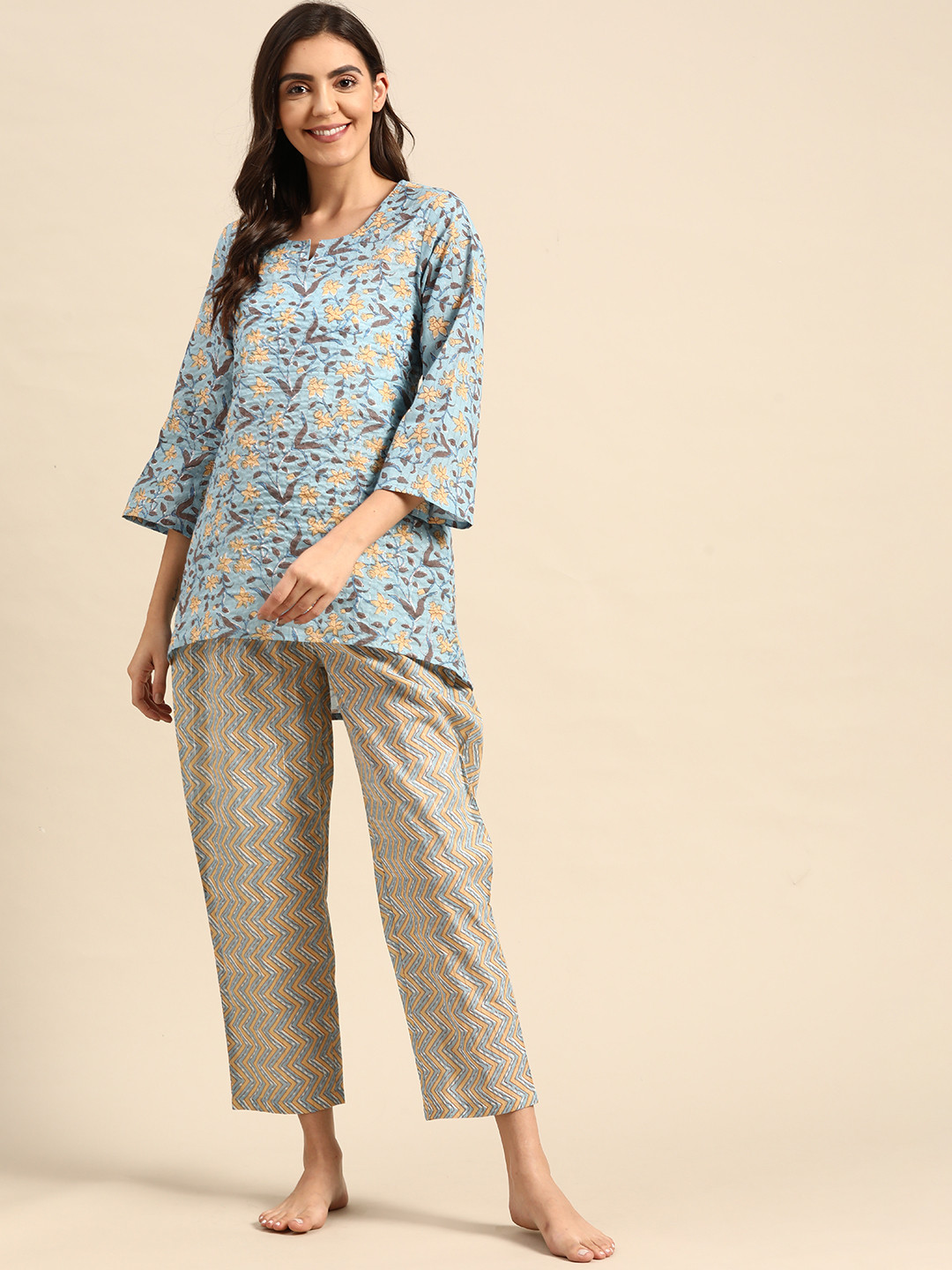 

Prakrti Women Blue & Mustard Printed Cotton Night suit