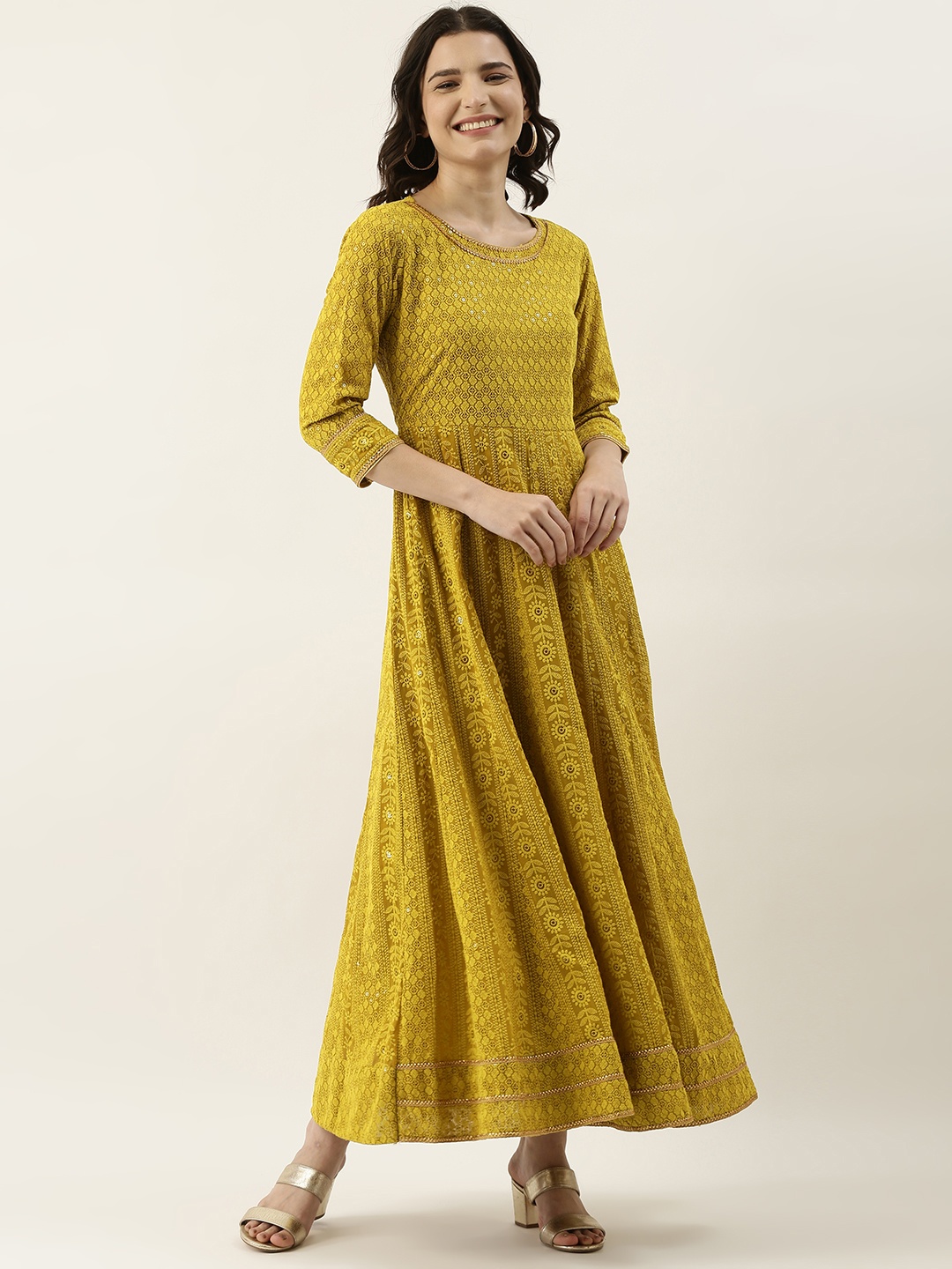 

SWAGG INDIA Mustard Yellow Ethnic Motifs Embroidered Georgette Ethnic Maxi Dress