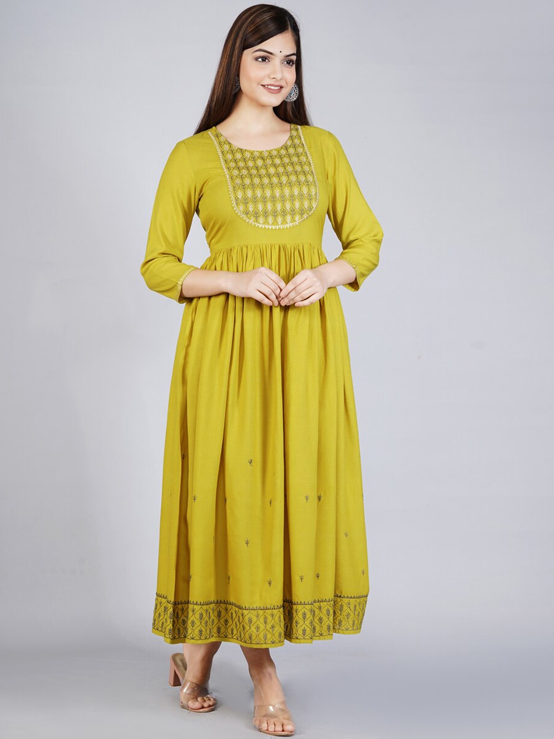 

KALINI Women Mustard Yellow Ethnic Motifs Embroidered Anarkali Kurta