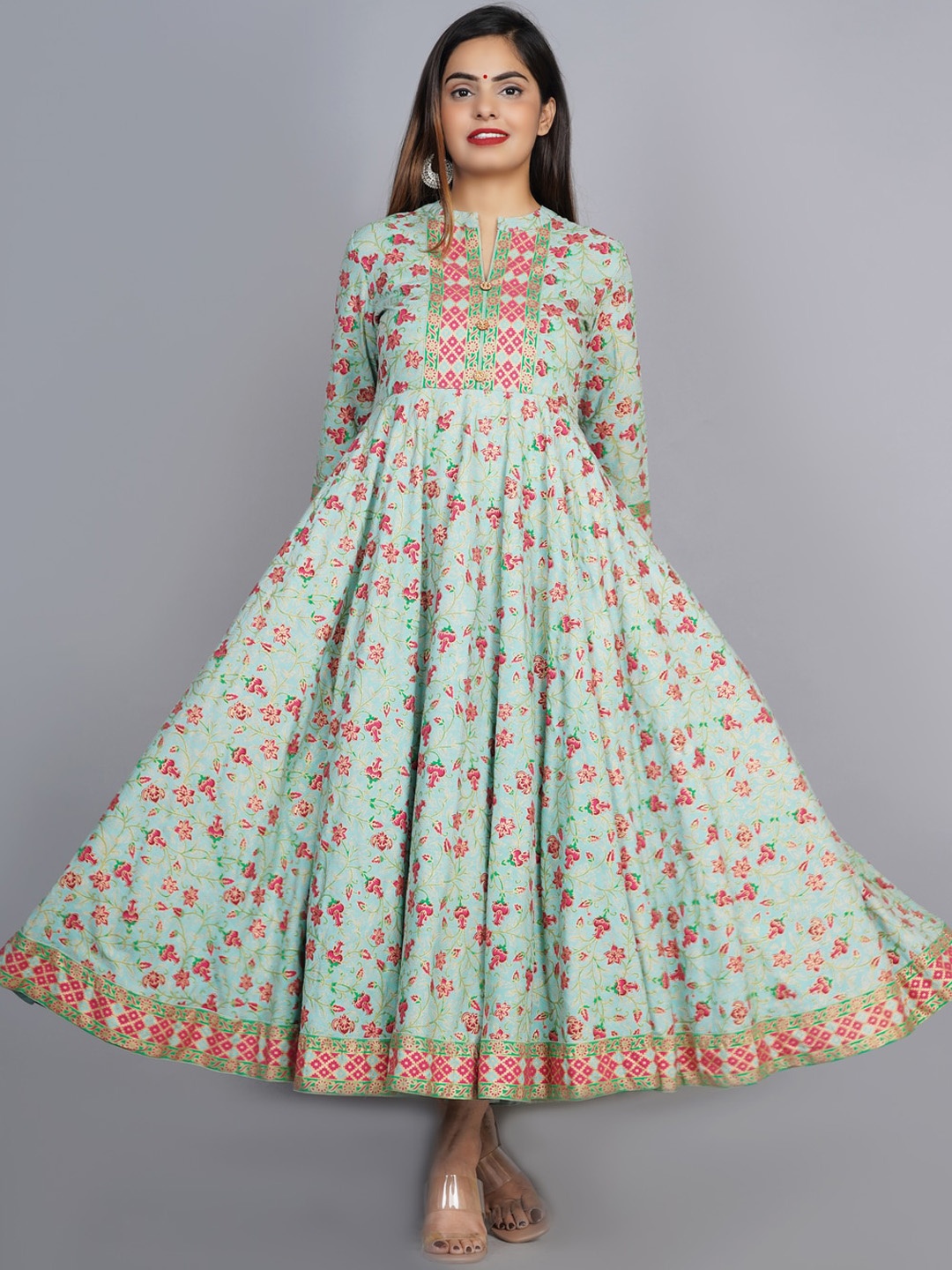 

KALINI Women Sea Green & Pink Floral Printed Anarkali Kurta