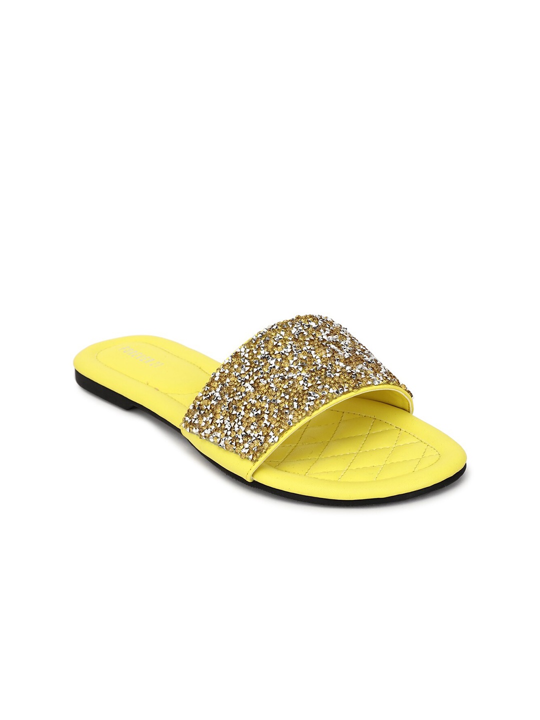 

FOREVER 21 Women Yellow Embellished Leather Party Open Toe Flats