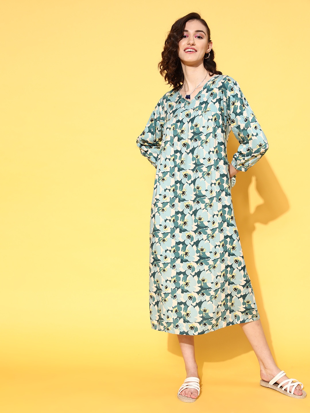 

beebelle Women Tranquil Teal Floral Volume Play Dress