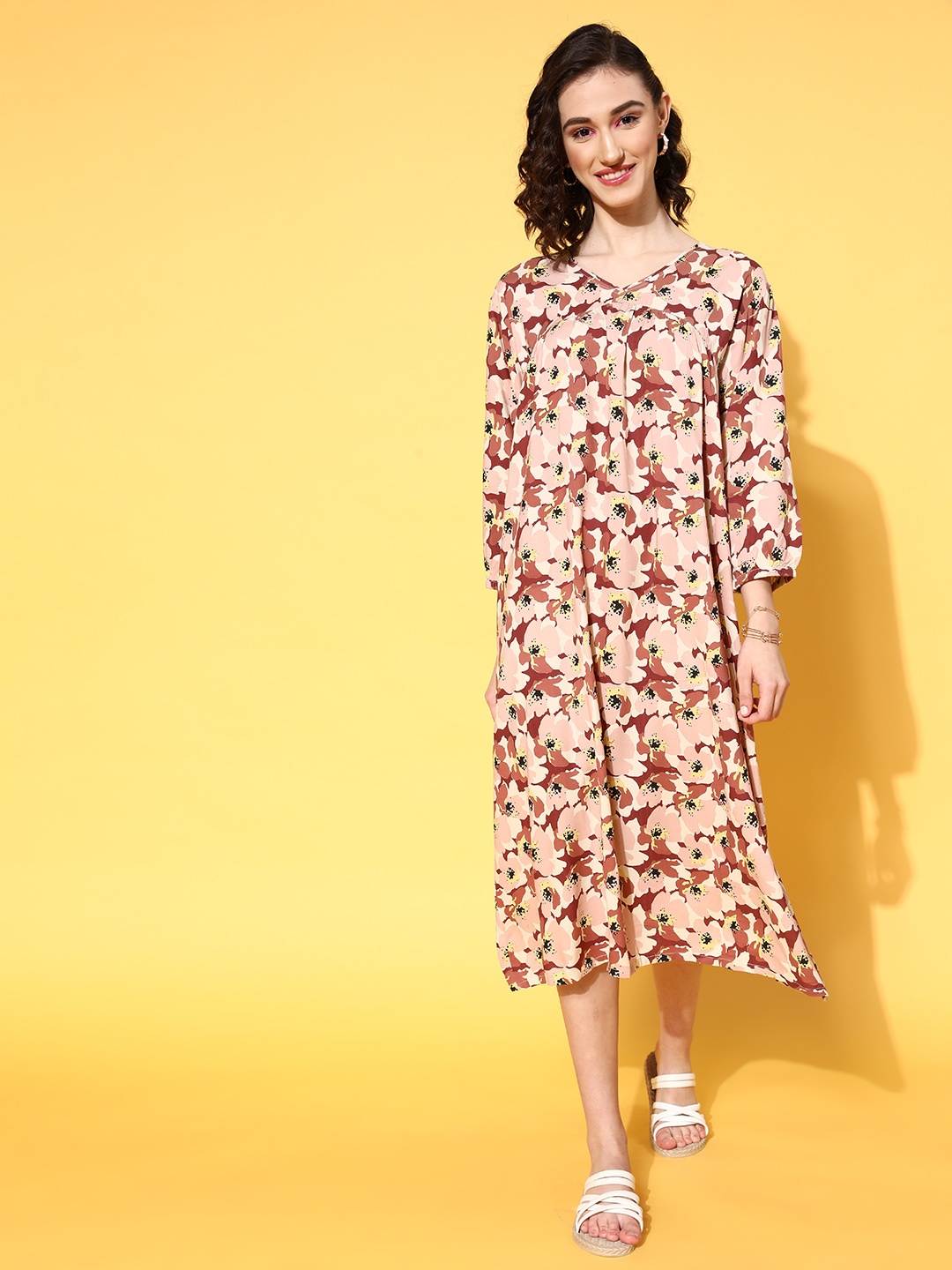 

beebelle Women Classy Beige Floral Volume Play Dress