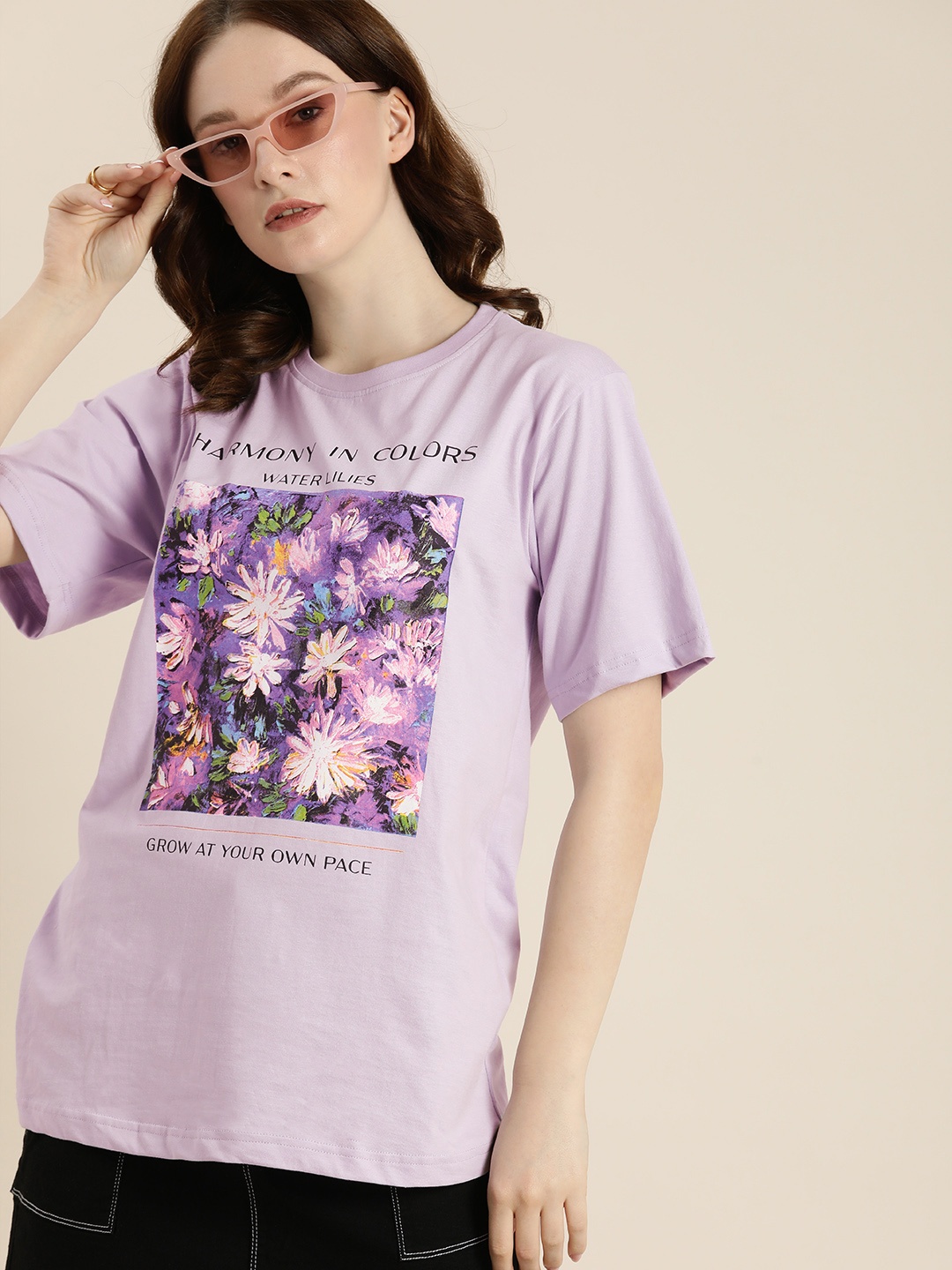 

DILLINGER Women Lavender Floral Printed Pure Cotton Drop-Shoulder Sleeves Oversized T-shirt