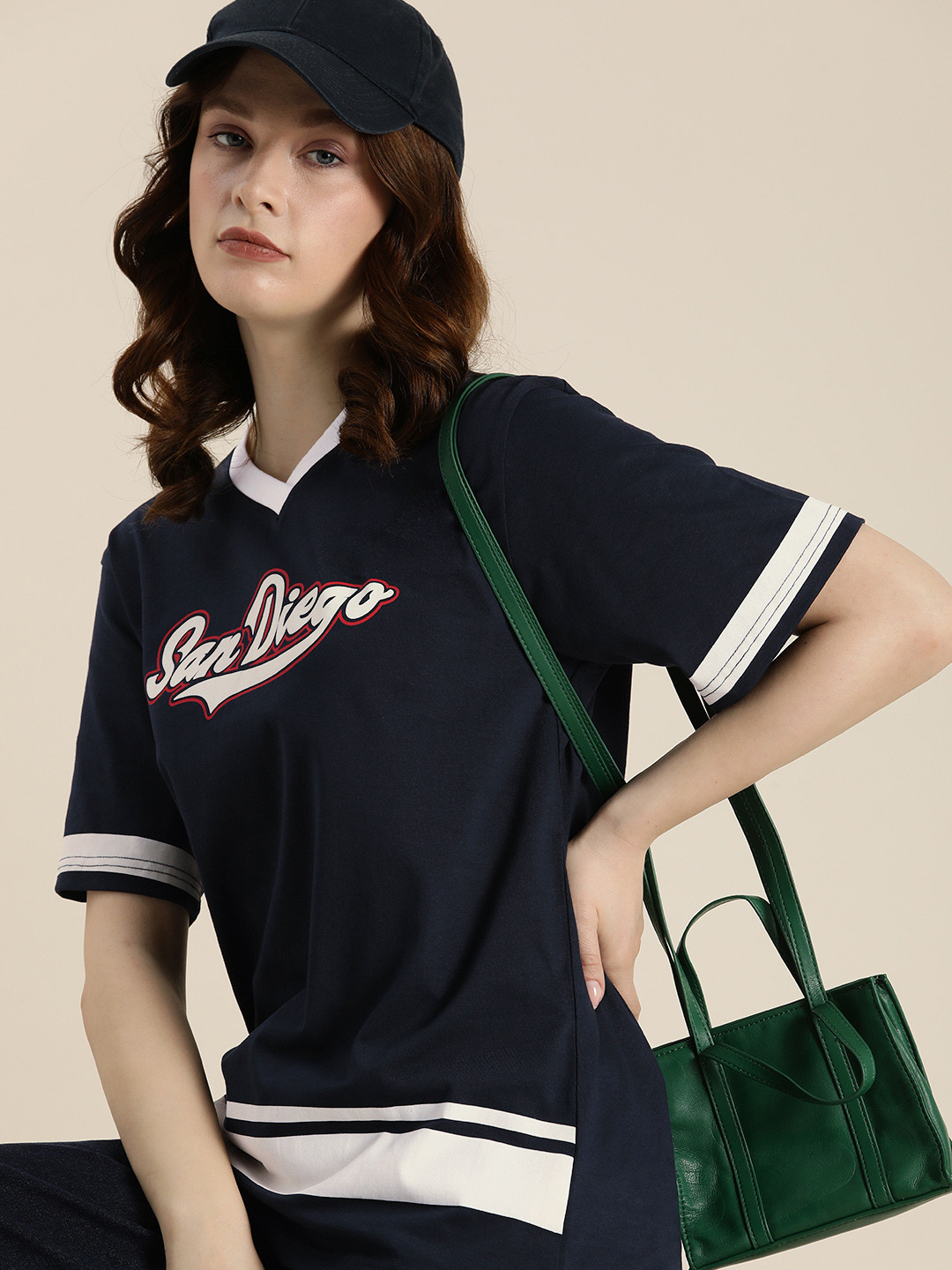 

DILLINGER Women Navy Blue & White Typography Printed Pure Cotton Oversized T-shirt