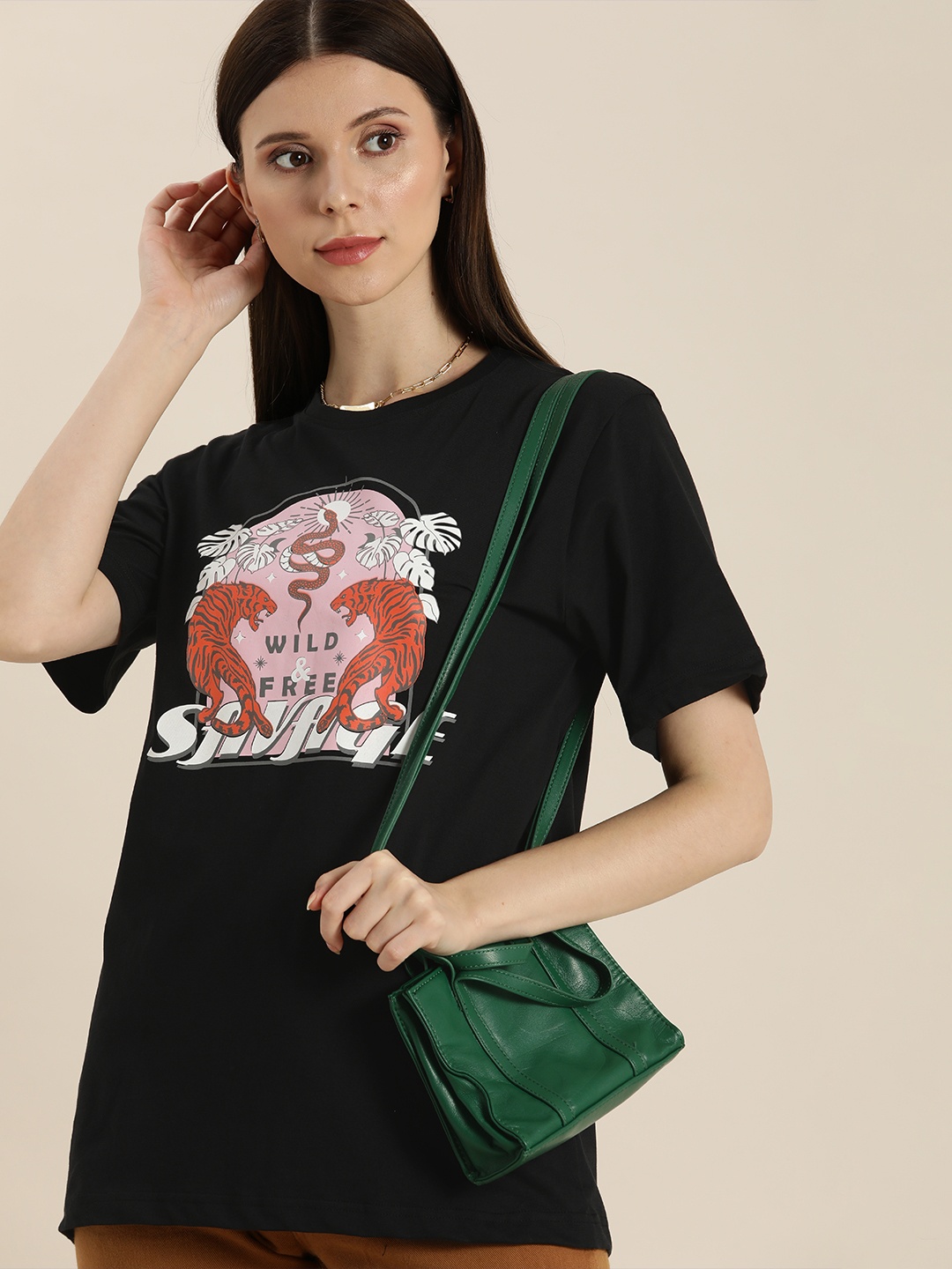 

DILLINGER Women Black & Pink Printed Pure Cotton Oversized T-shirt
