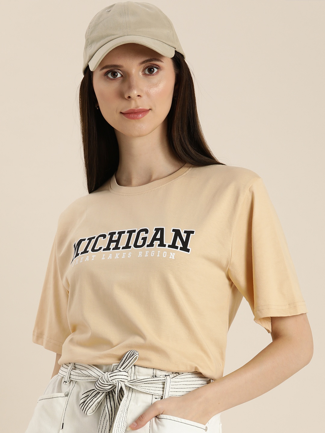 

DILLINGER Women Beige & Black Typography Printed Pure Cotton Loose T-shirt
