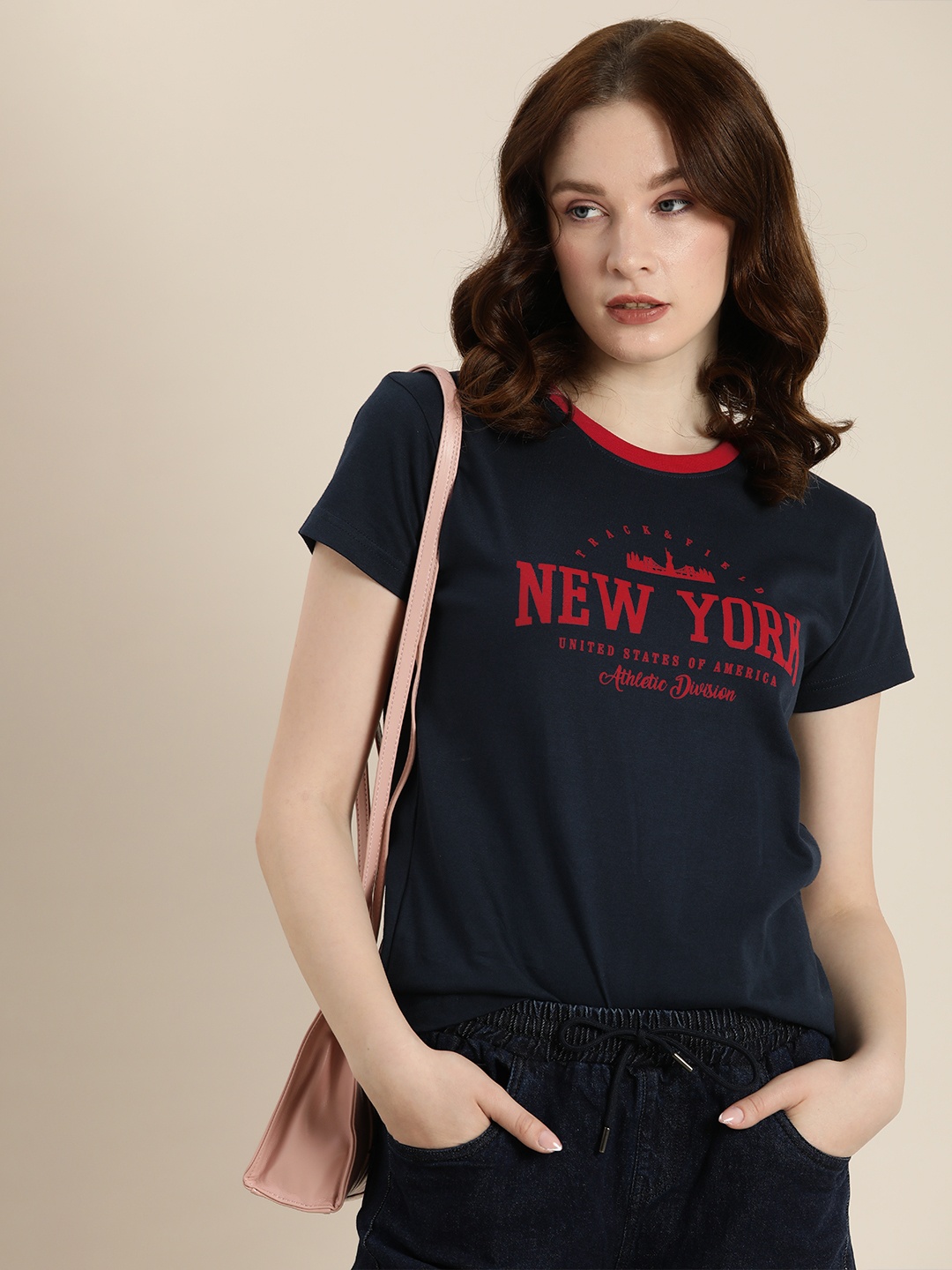 

DILLINGER Women Navy Blue & Red Typography Printed Pure Cotton T-shirt