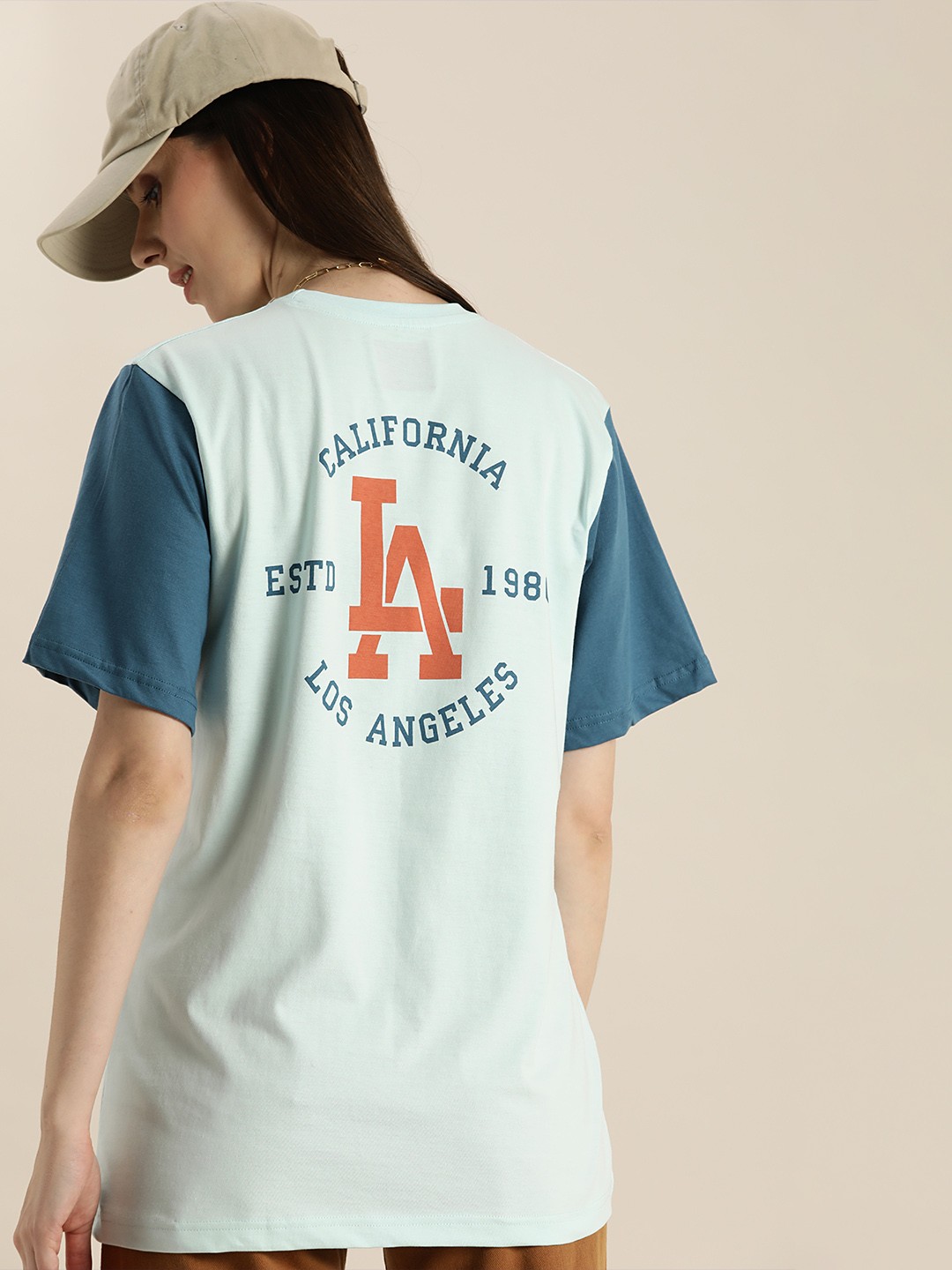 

DILLINGER Women Blue Typography Printed Pure Cotton Oversized T-shirt