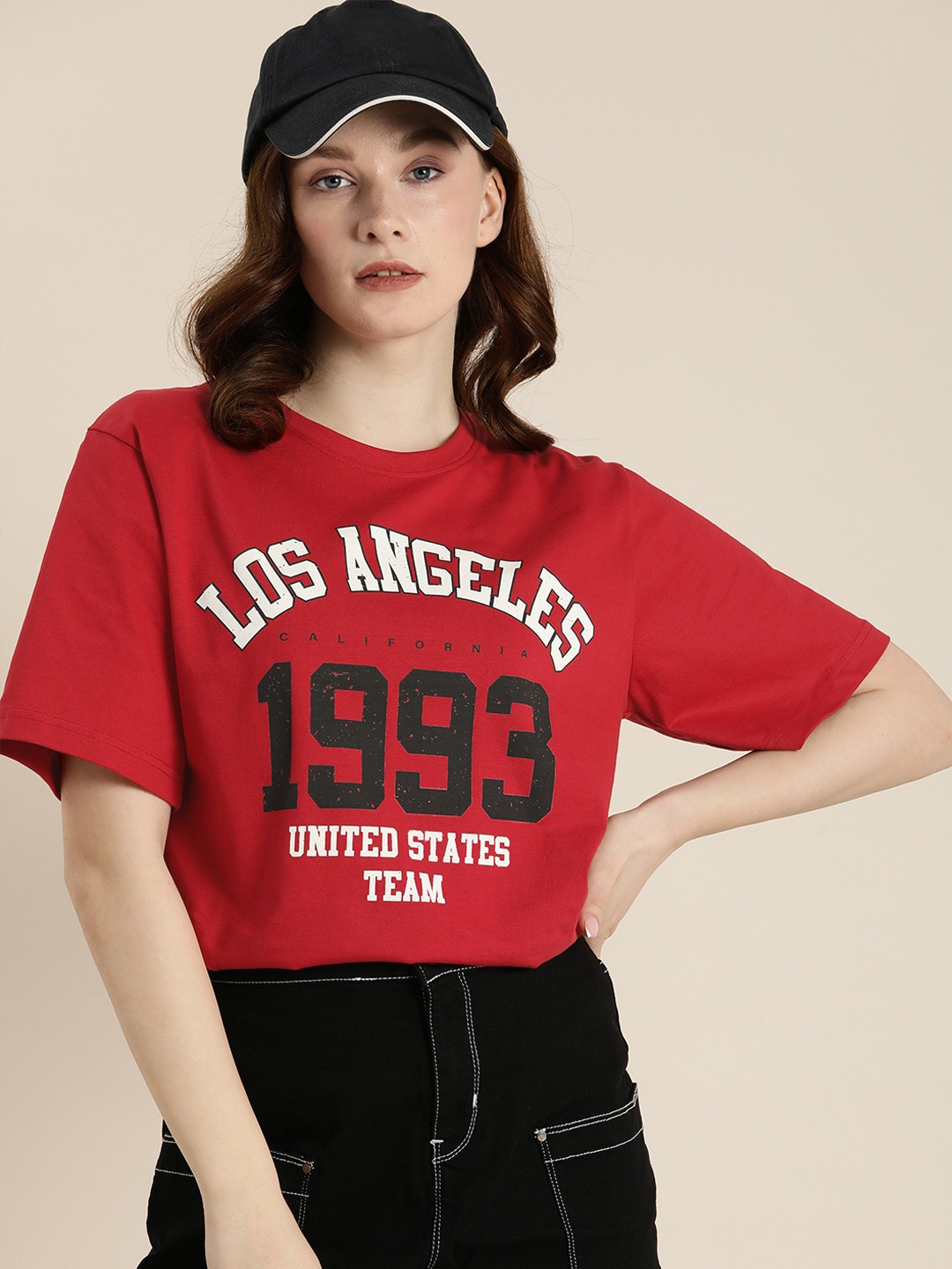 

DILLINGER Women Red & Black Printed Pure Cotton Drop-Shoulder Sleeves Loose T-shirt