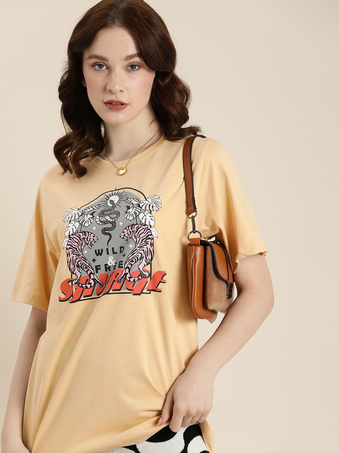 

DILLINGER Women Beige & Grey Printed Pure Cotton Loose T-shirt