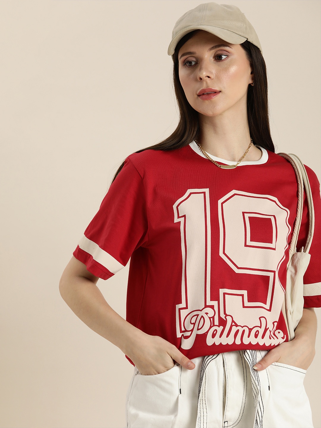 

DILLINGER Women Red & Beige Typography Printed Pure Cotton Loose T-shirt