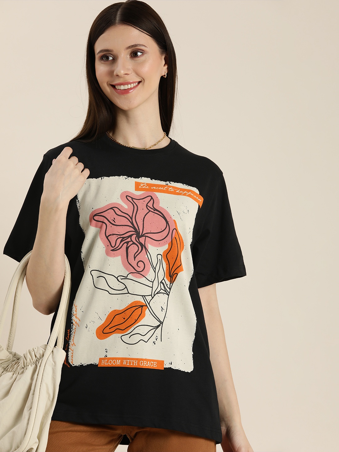 

DILLINGER Women Black & Beige Printed Pure Cotton Loose T-shirt