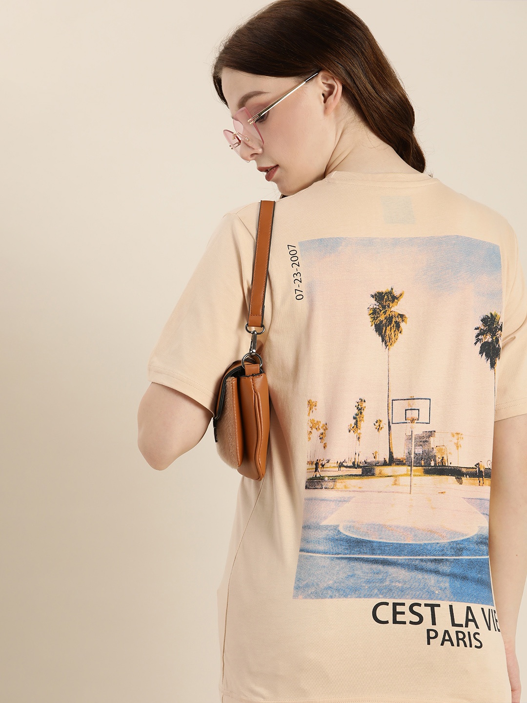 

DILLINGER Women Beige & Blue Printed Pure Cotton Loose T-shirt