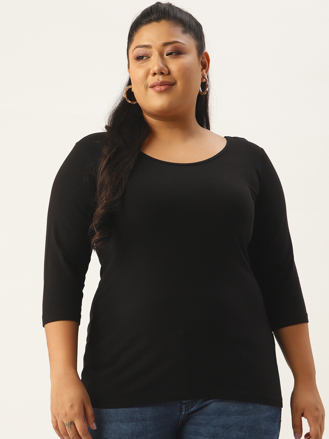 

Amydus Women Plus Size Black Solid Round Neck Three-Quarter Regular Fit T-shirt