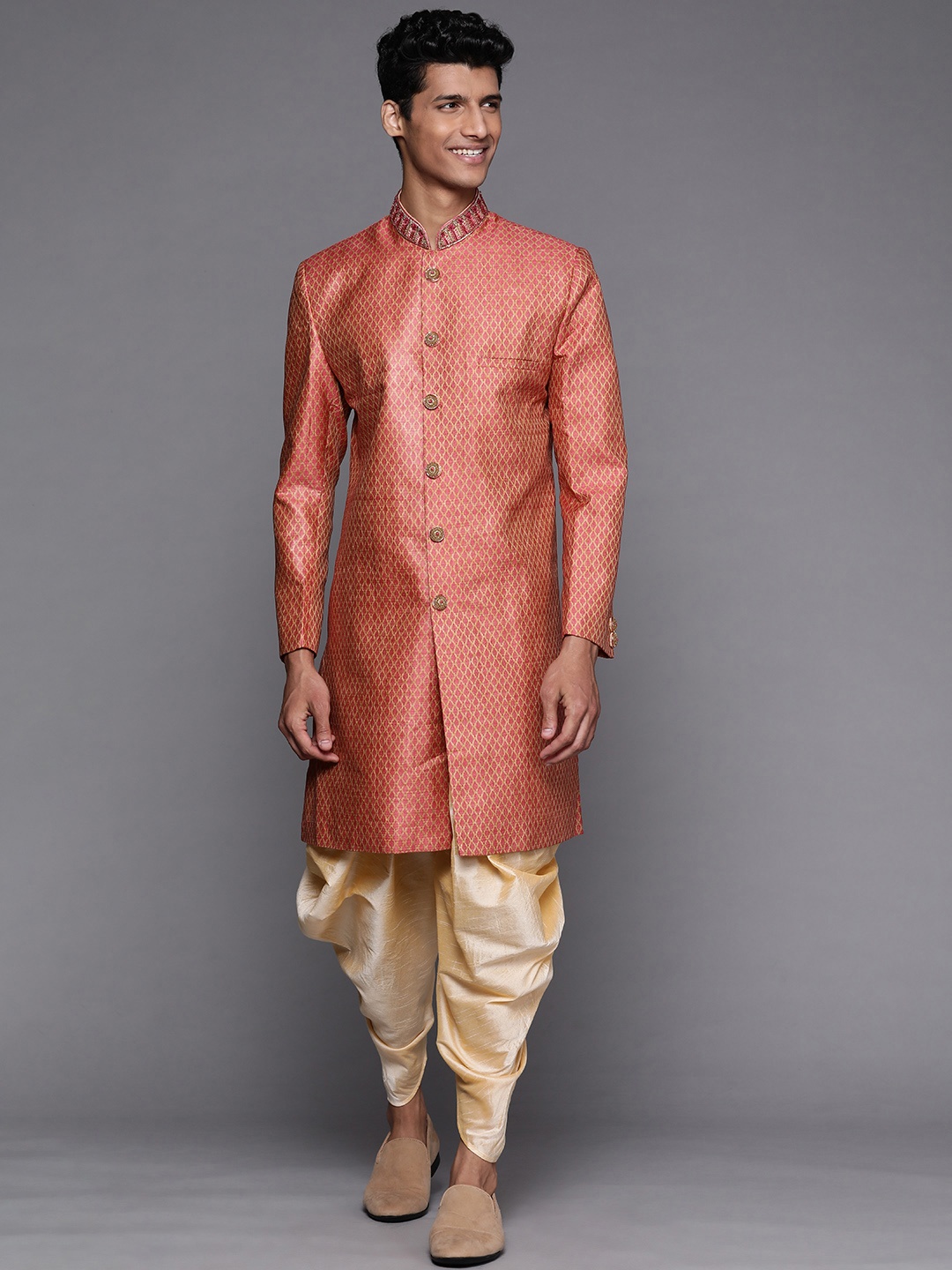 

DEYANN Men Coral Pink & Cream-Coloured Woven Design Sherwani with Patiala Salwar