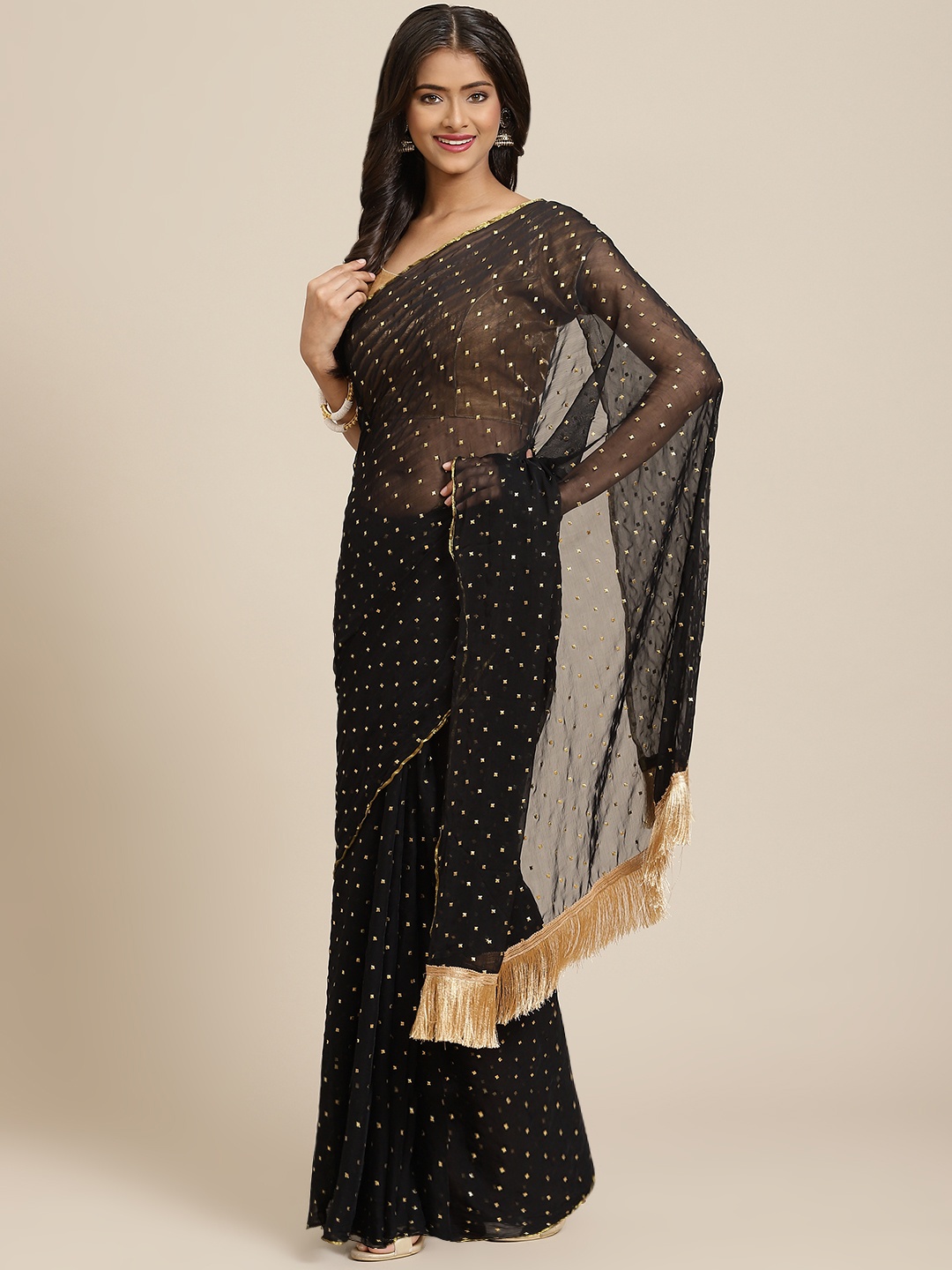 

INDYES Black & Golden Geometric Embellished Saree