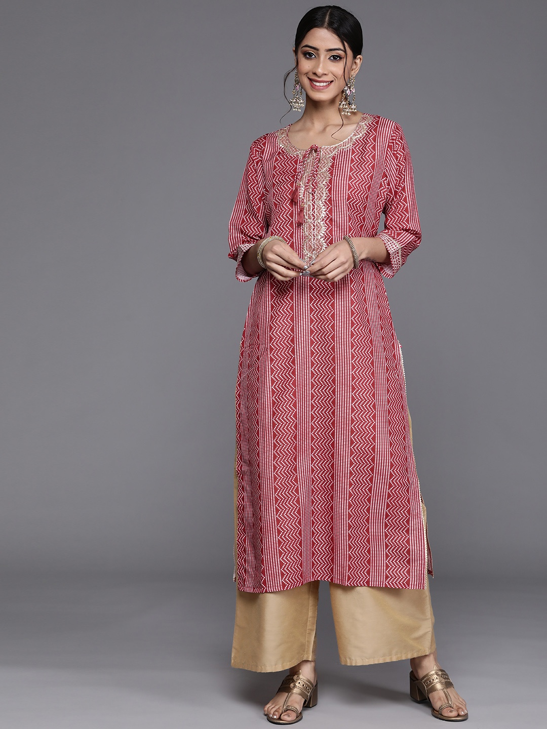 

Varanga Women Red & Beige Bandhani Printed Indie Prints Kurta