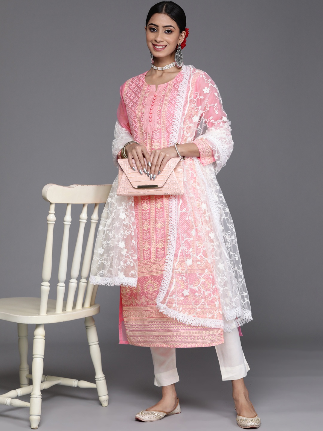 

Varanga Women Pink & White Ethnic Motifs Chanderi Silk Kurta with Trousers & With Dupatta