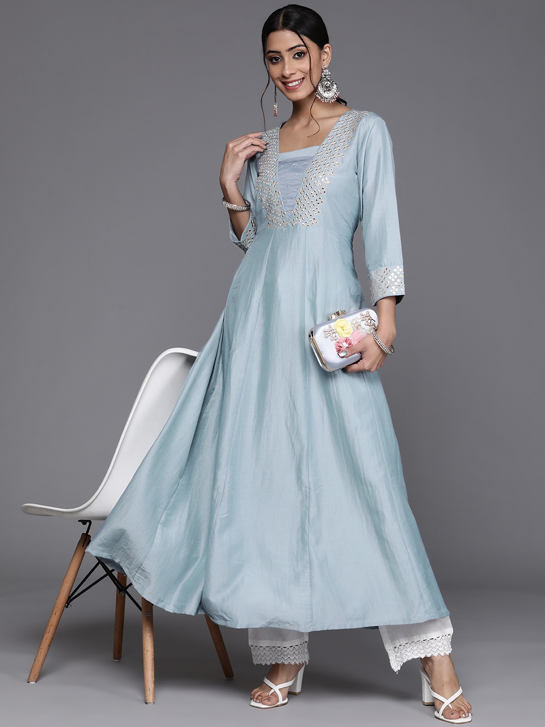 

Varanga Women Blue Yoke Design Thread Work Anarkali Kurta