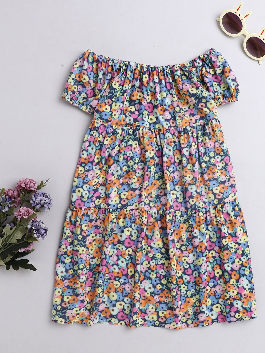 

taffykids Multicoloured Floral Off-Shoulder A-Line Midi Dress, Multi