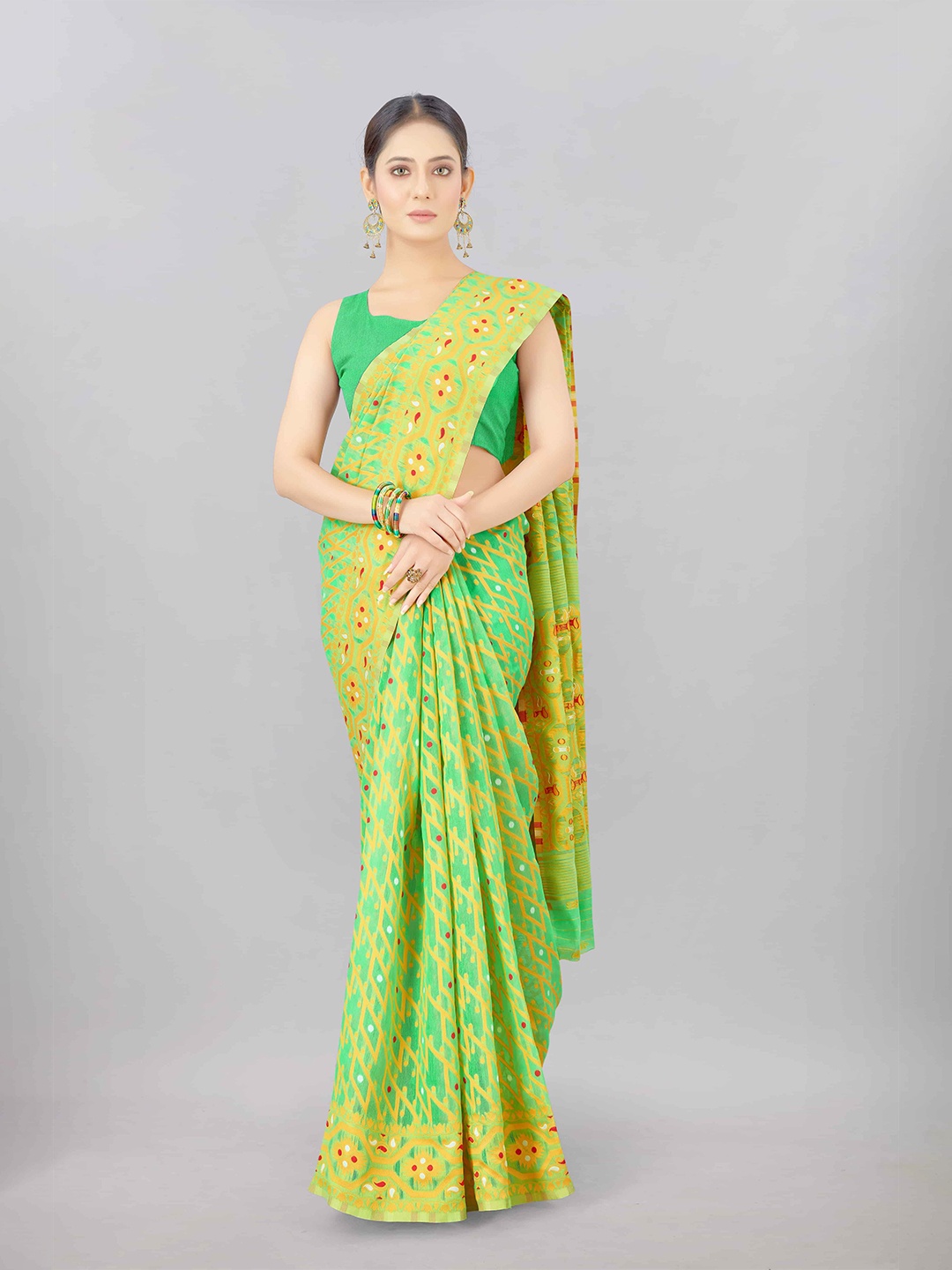 

Silk Land Green & Gold-Toned Woven Design Pure Cotton Jamdani Saree