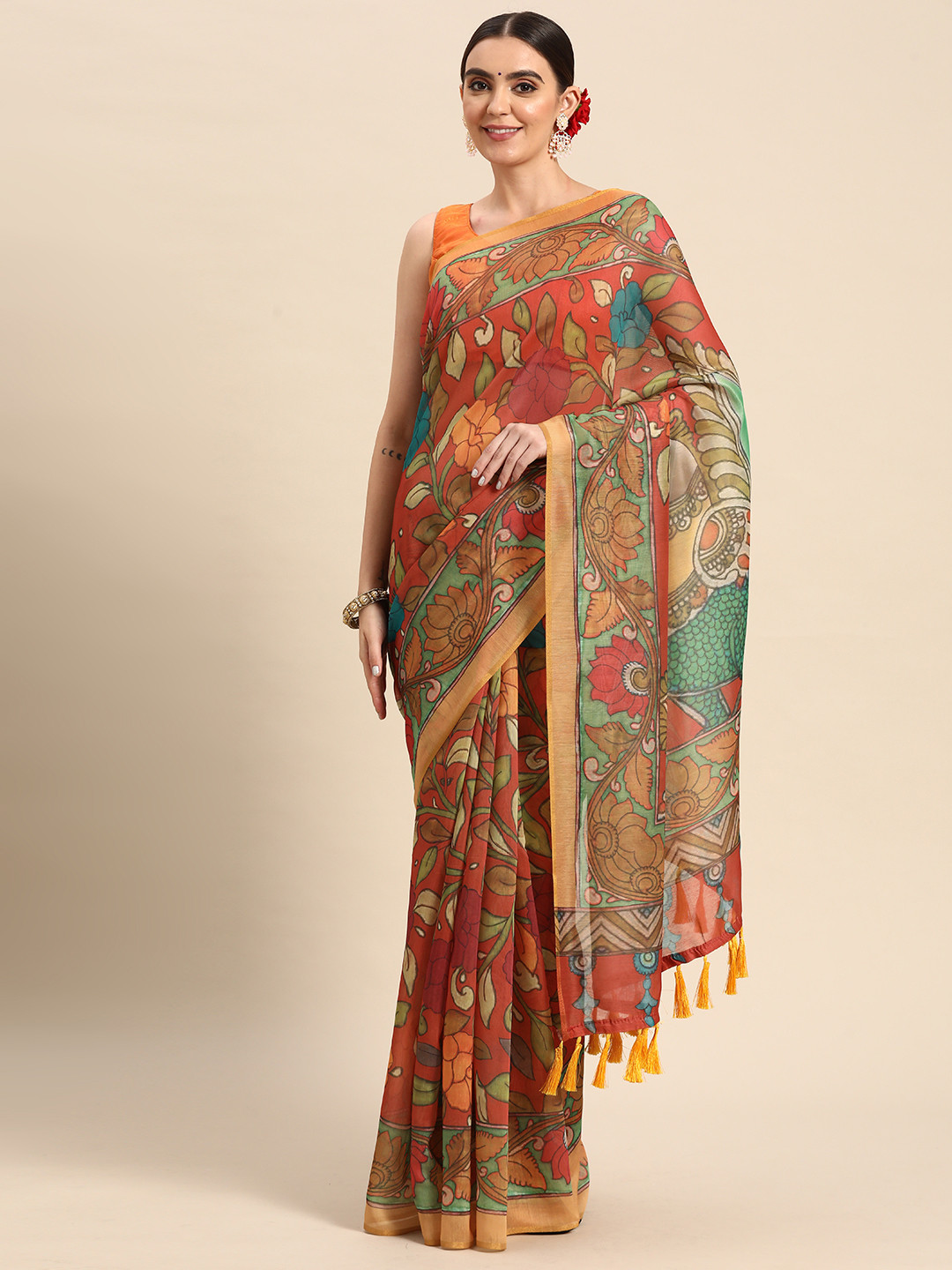 

Silk Land Kalamkari Saree, Brown
