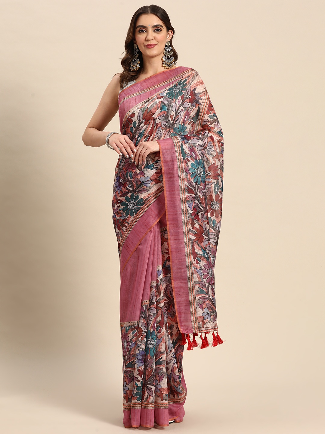 

Silk Land Purple White Kalamkari Saree With Tassels