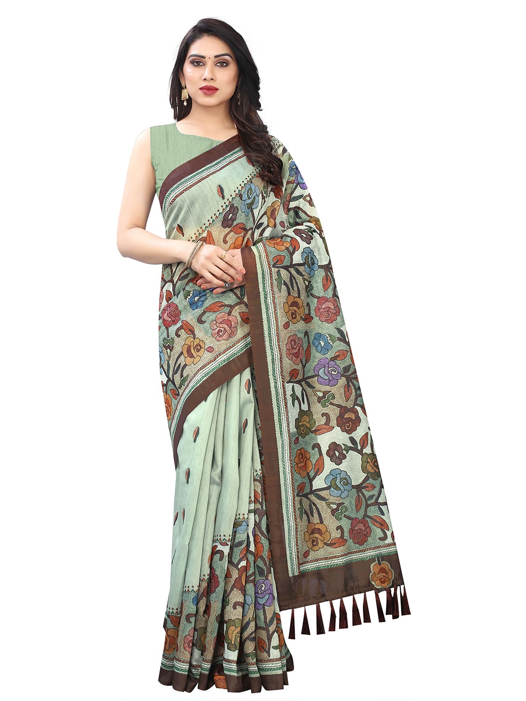 

Silk Land Mint Green Purple Kalamkari Pure Cotton Saree With Tassels