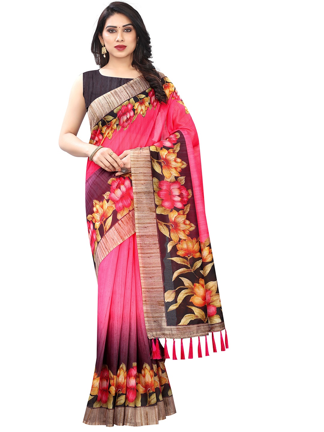 

Silk Land Pink Black Kalamkari Saree With Tassels