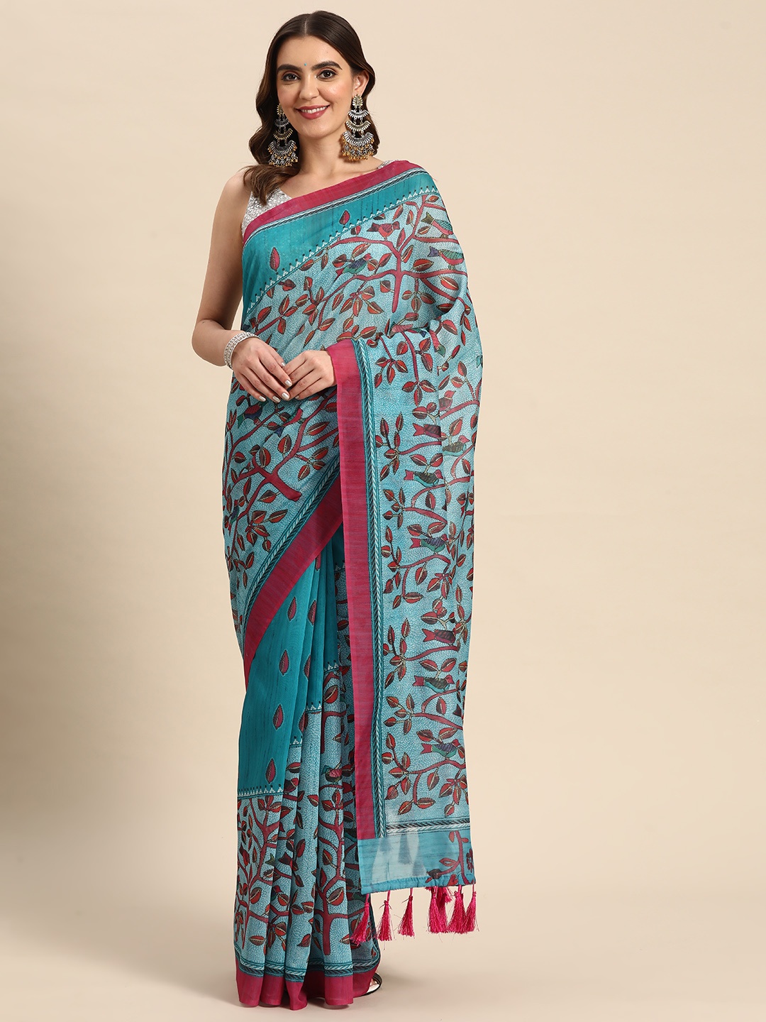 

Silk Land Turquoise Blue-Pink Kalamkari Saree With Tassels