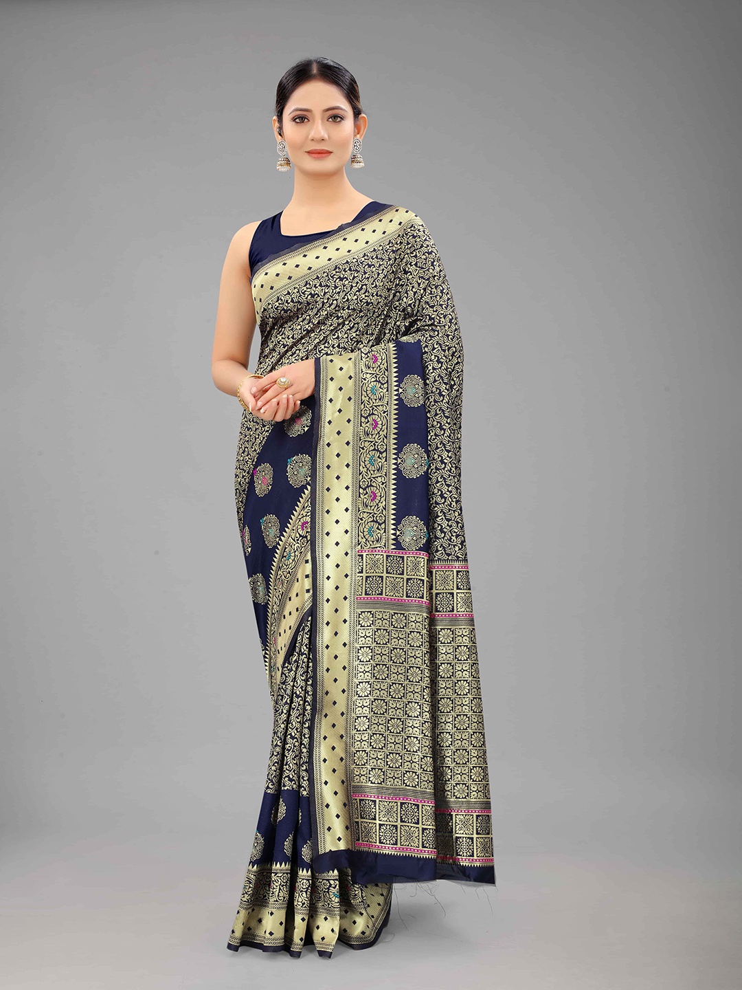 

Silk Land Navy Blue & Gold-Toned Woven Design Zari Pure Silk Fusion Banarasi Saree