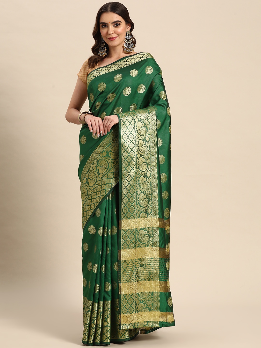 

Silk Land Green & Gold-Toned Ethnic Motifs Zari Banarasi Saree