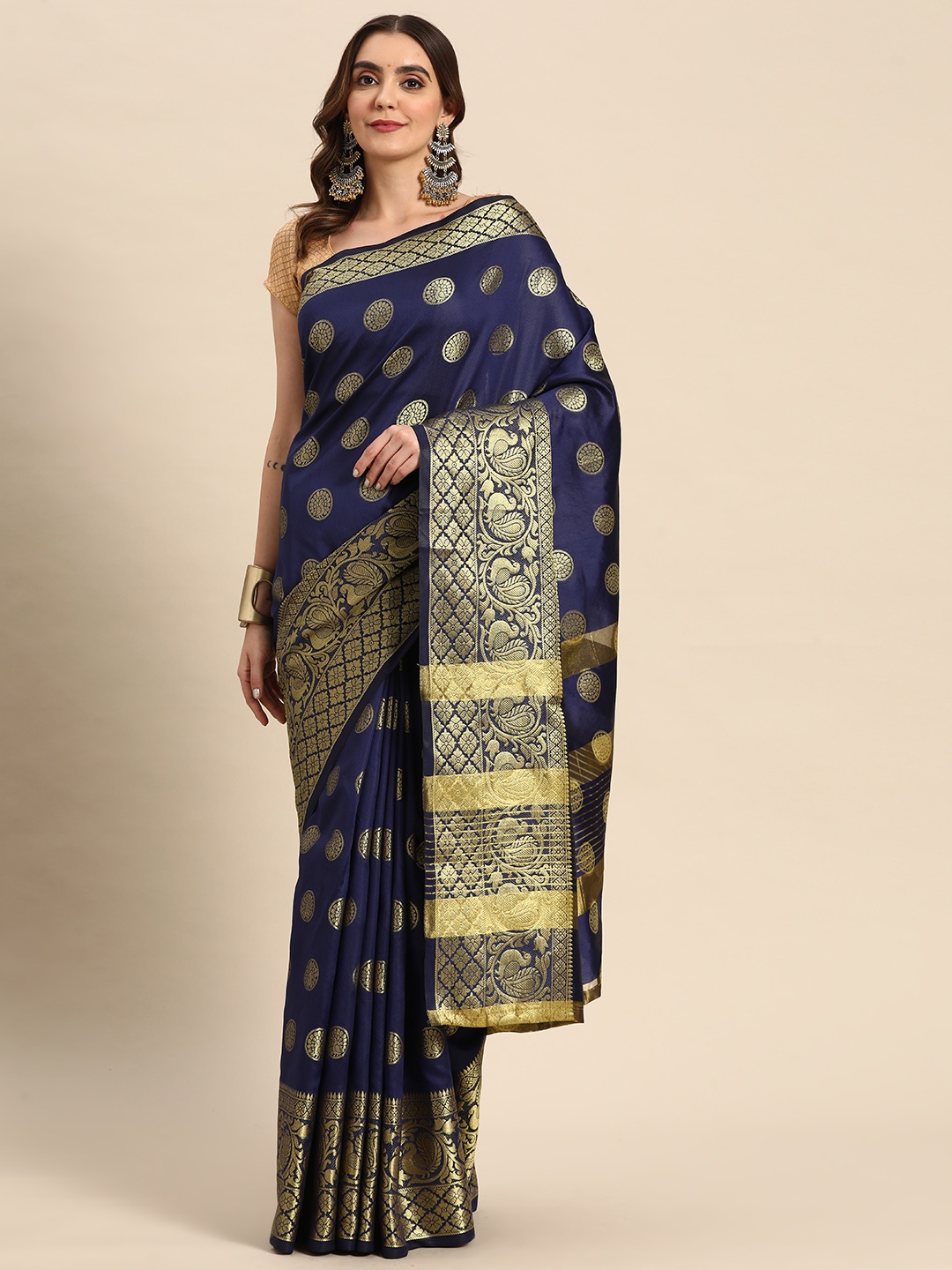 

Silk Land Navy Blue & Golden Ethnic Motifs Zari Banarasi Saree