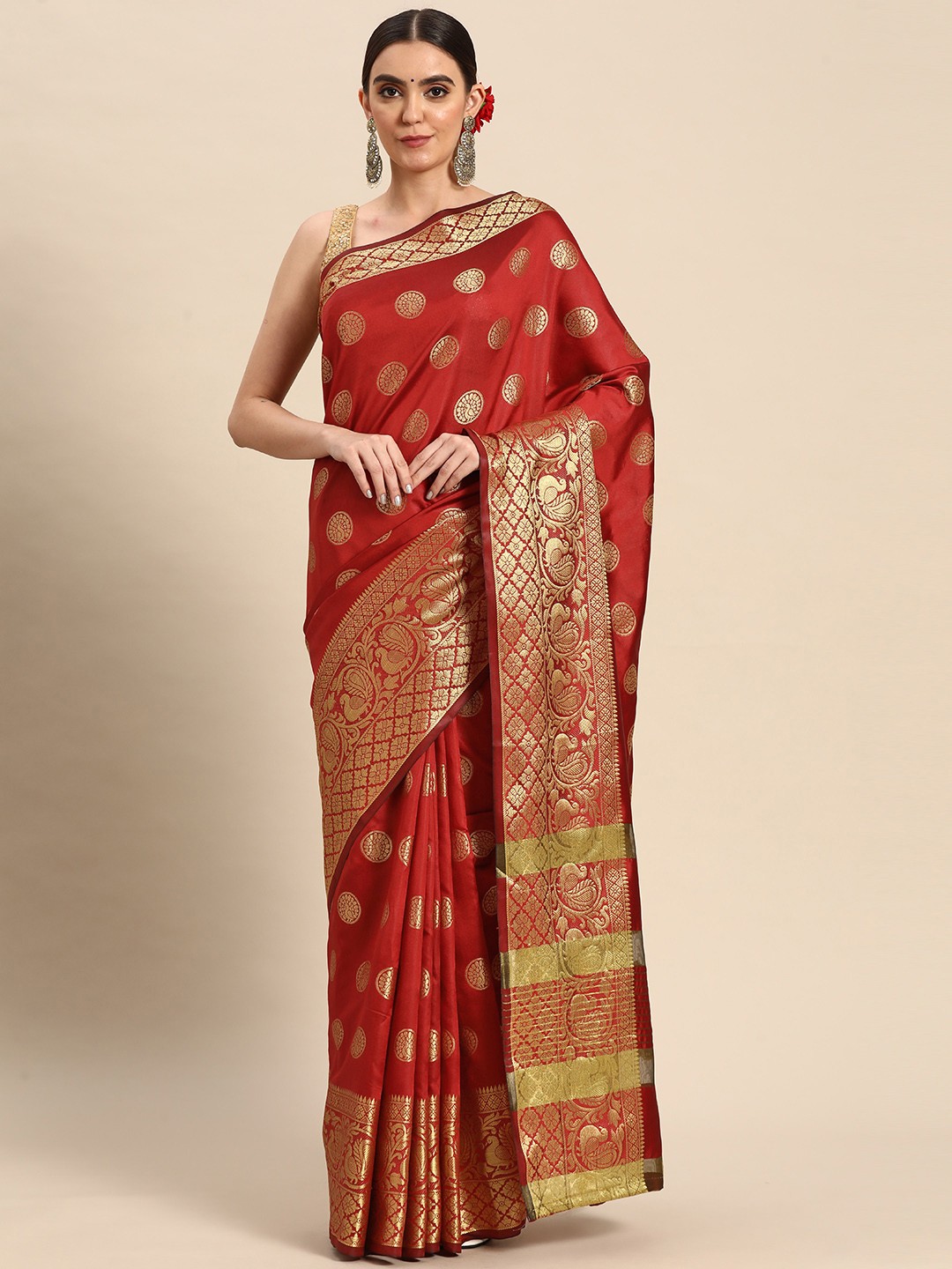 

Silk Land Red & Gold-Toned Woven Design Zari Banarasi Saree