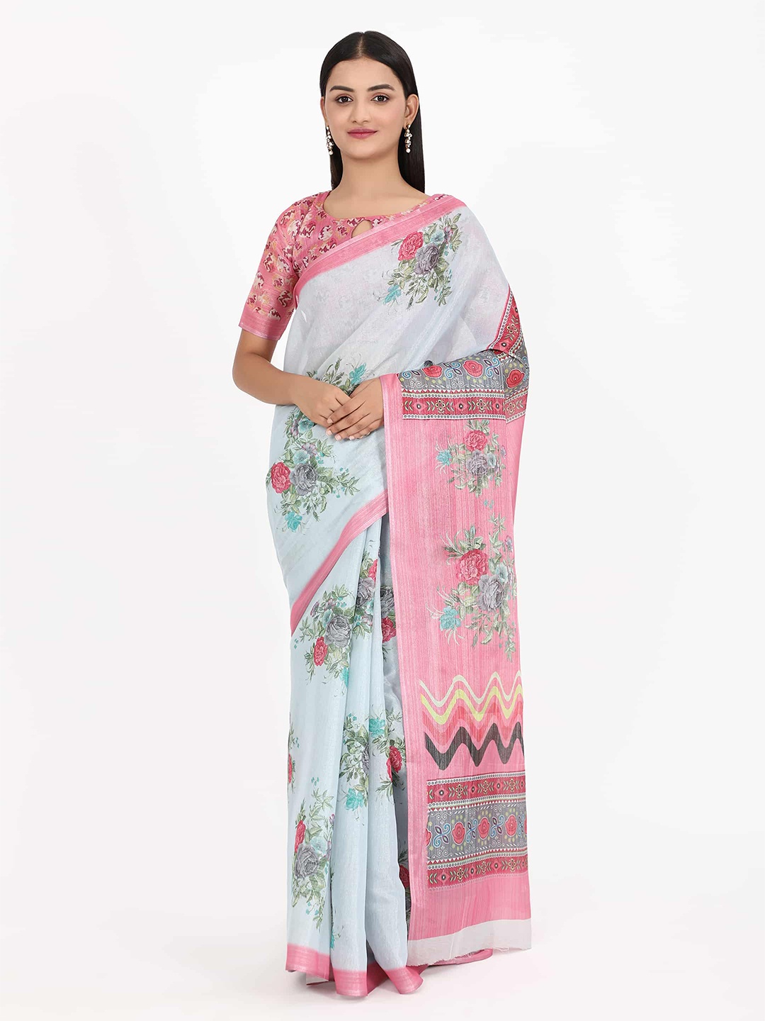 

Silk Land Blue & Pink Floral Saree