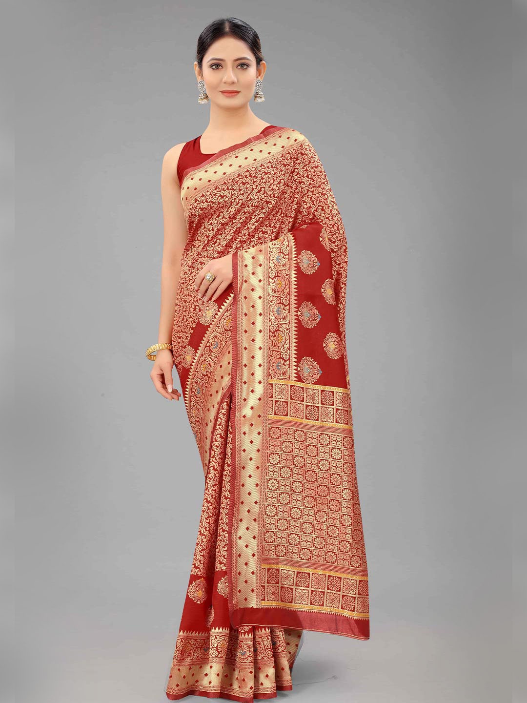 

Silk Land Red & Gold-Toned Woven Design Pure Silk Banarasi Saree