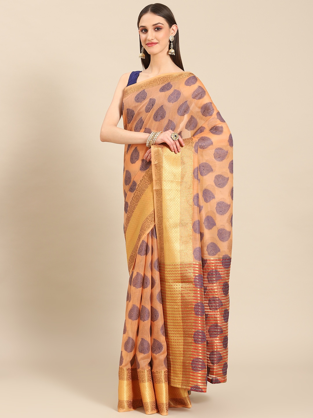 

Silk Land Peach-Coloured & Gold-Toned Ethnic Motifs Zari Chanderi Saree