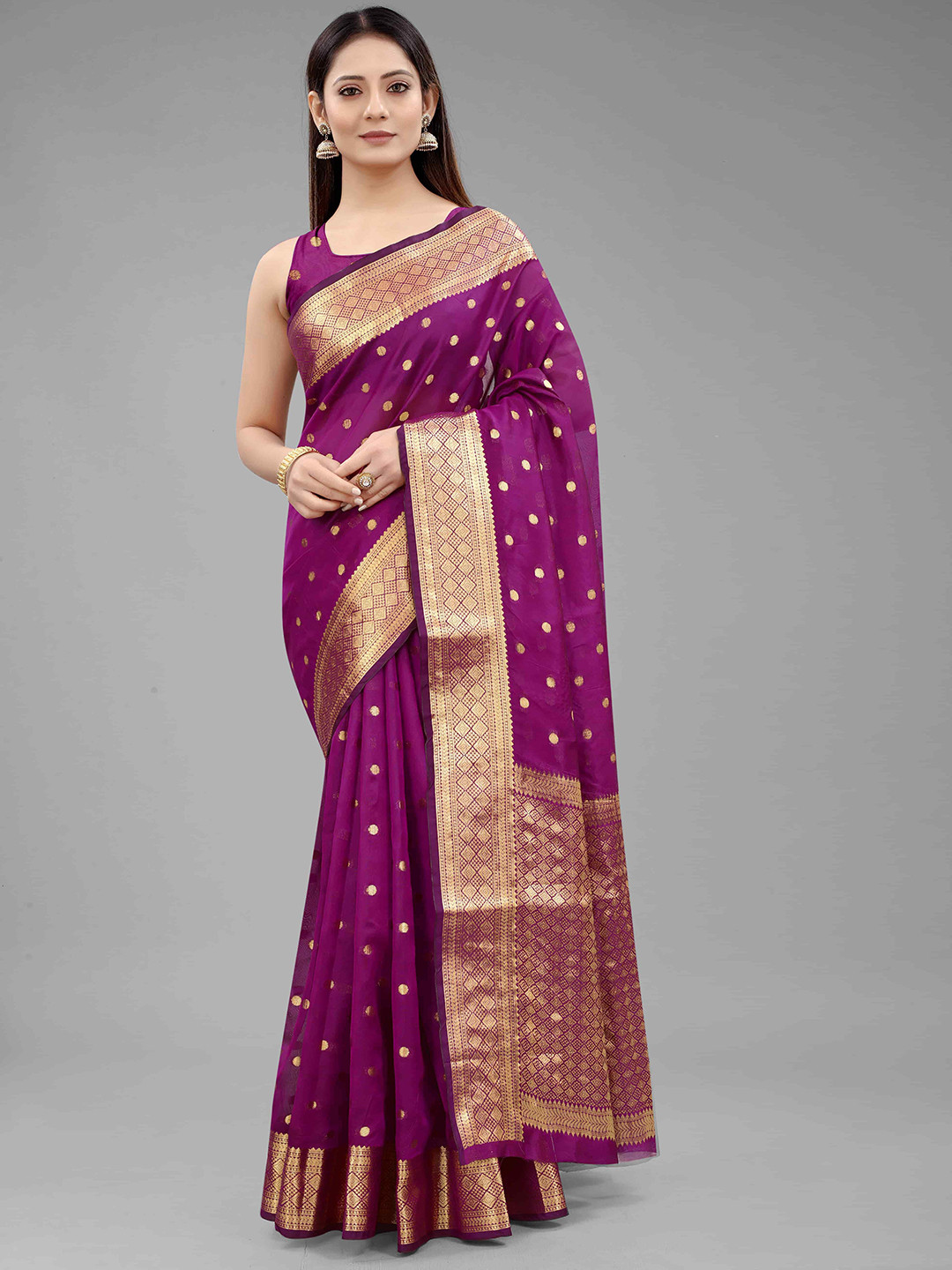 

Silk Land Purple & Gold-Toned Woven Design Zari Kanjeevaram Saree