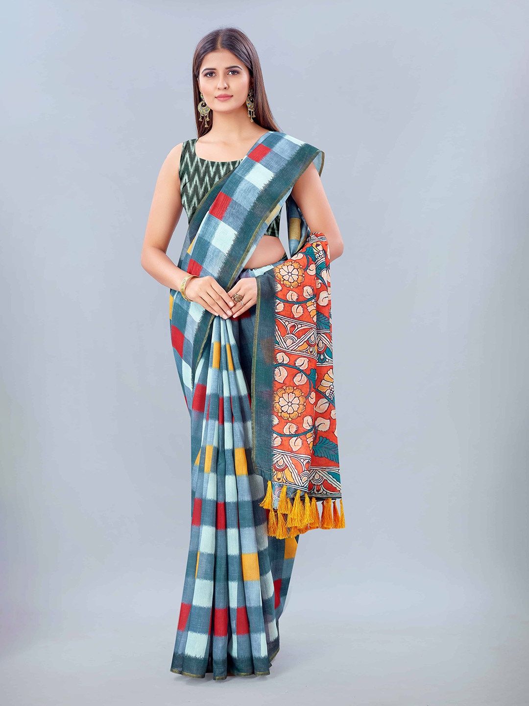 

Silk Land Blue & Red Checked Ikat Saree