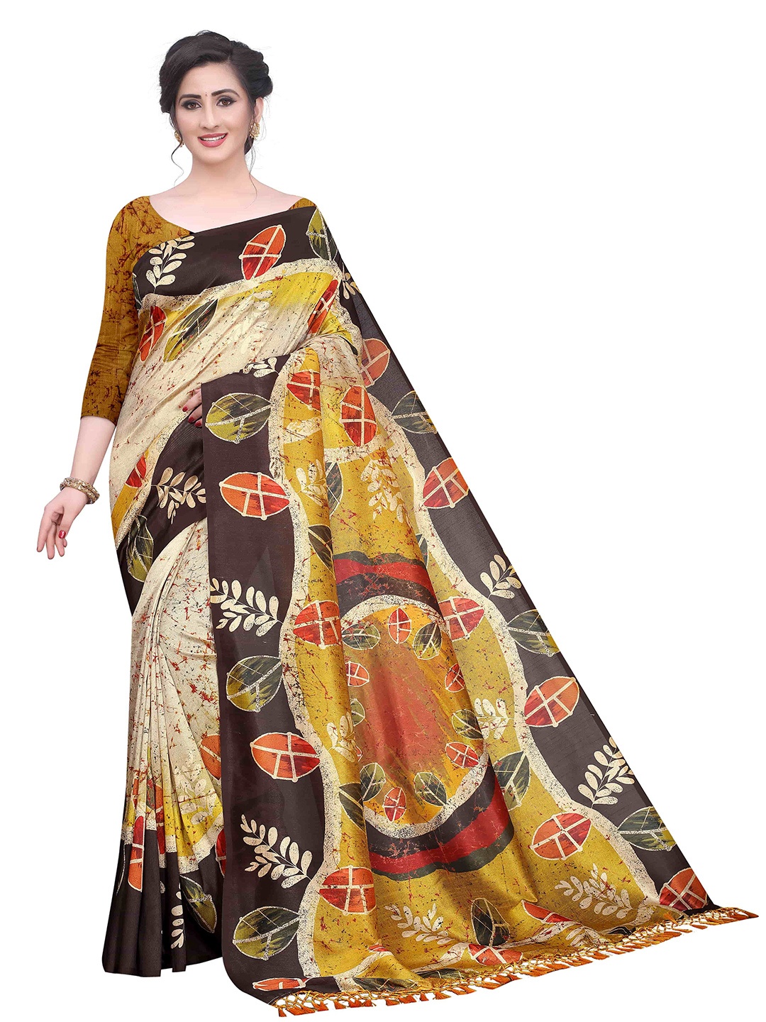 

Silk Land Kalamkari Cotton Blend Digital Print Saree With Tassels, Beige