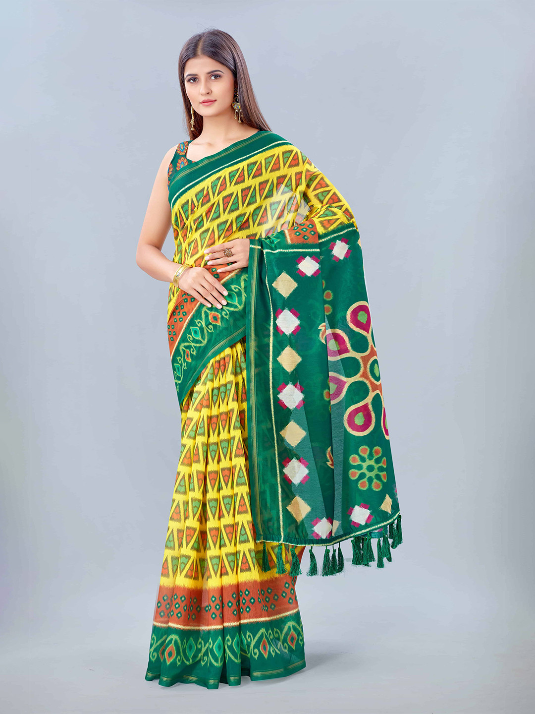 

Silk Land Green Pink-Toned Kalamkari Printed Saree With Tassels
